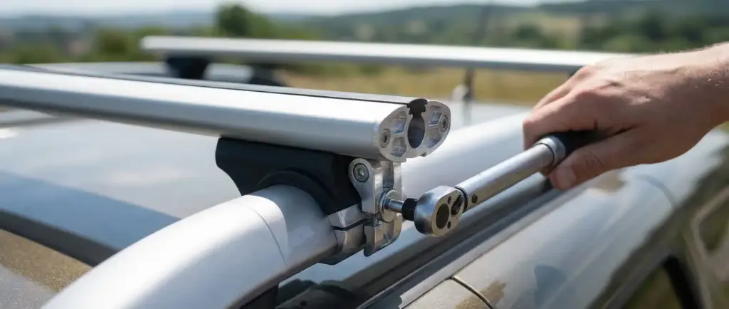 Gros plan fixation barres de toit transversales sur rails Dacia Duster