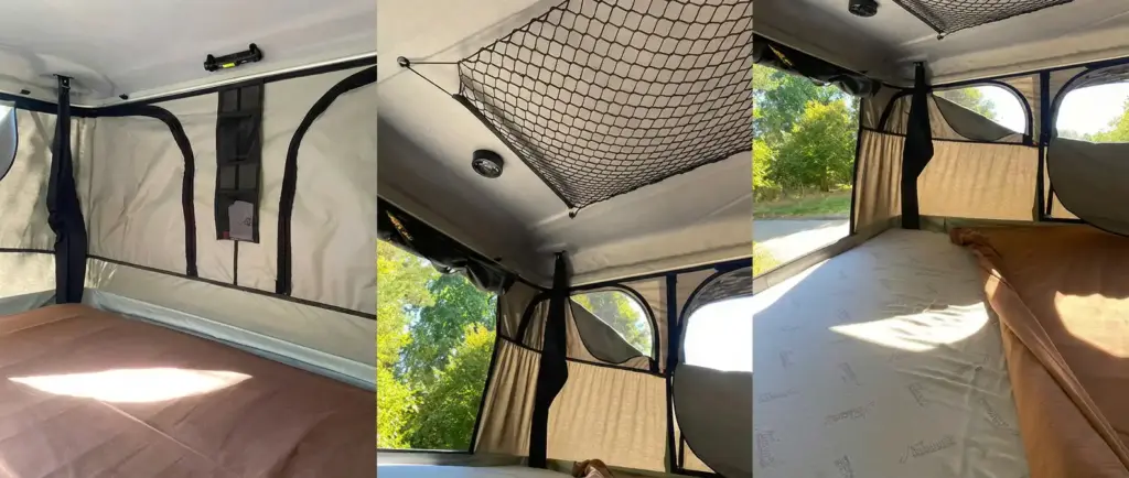 Intérieur tente de toit James Baroud détails matelas haute densité et filets de rangement plafond