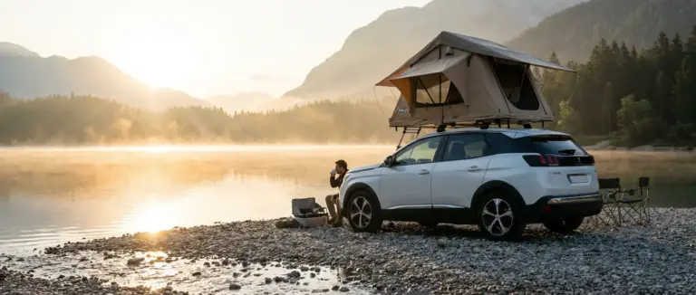 Peugeot 3008 blanc avec tente de toit souple déployée stationné en bord de lac