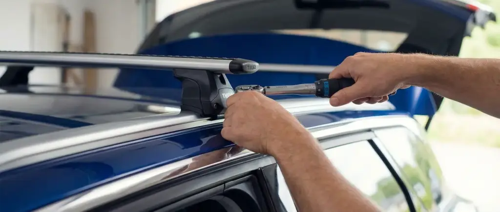 Homme serrant une barre de toit Thule Wingbar sur un Peugeot 3008 avec une clé dynamométrique