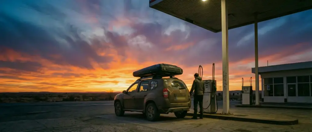 Dacia Duster avec tente de toit à la pompe à essence