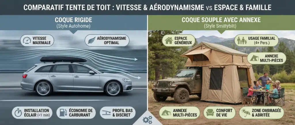 Comparaison visuelle entre une tente de toit rigide Autohome et une tente de toit souple pliante Tepui.
